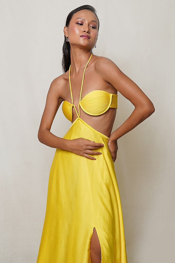 Yellow Satin Georgette Pleated Party Wear Gown by PINUP BY ASTHA at Pernia's Pop Up Shop