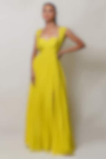 Yellow Pure Flat Chiffon Pleated Gown by PINUP BY ASTHA