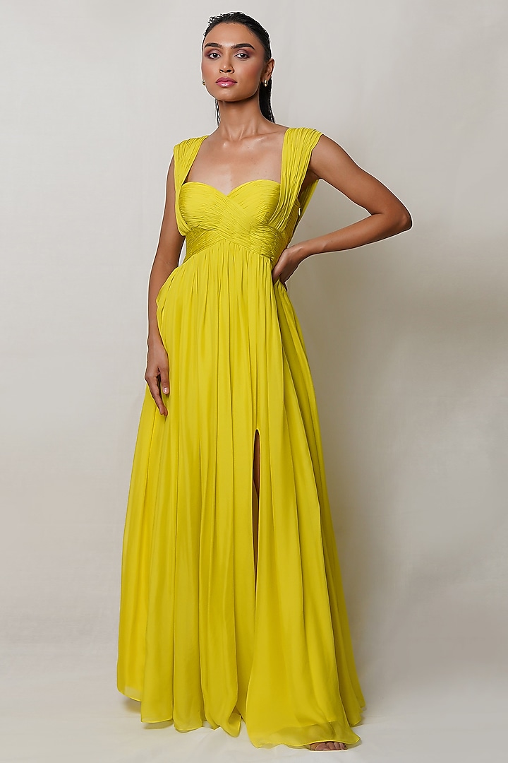 Yellow Pure Flat Chiffon Pleated Gown by PINUP BY ASTHA