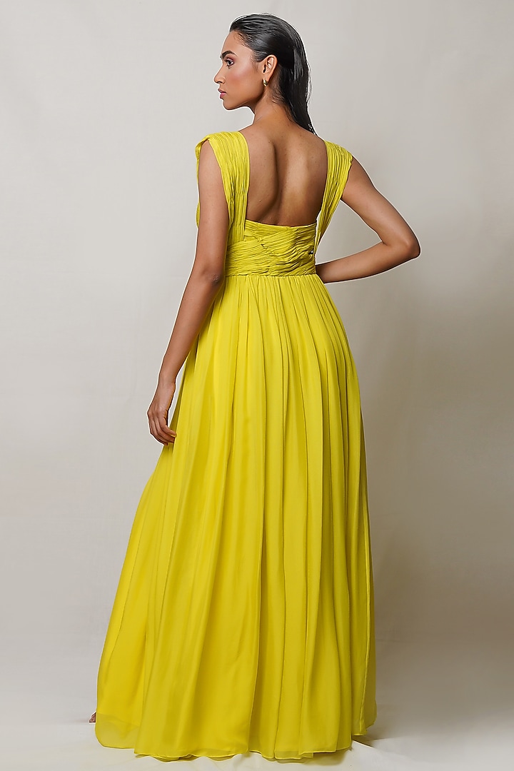 Yellow Pure Flat Chiffon Pleated Party Wear Gown by PINUP BY ASTHA at Pernia's Pop Up Shop