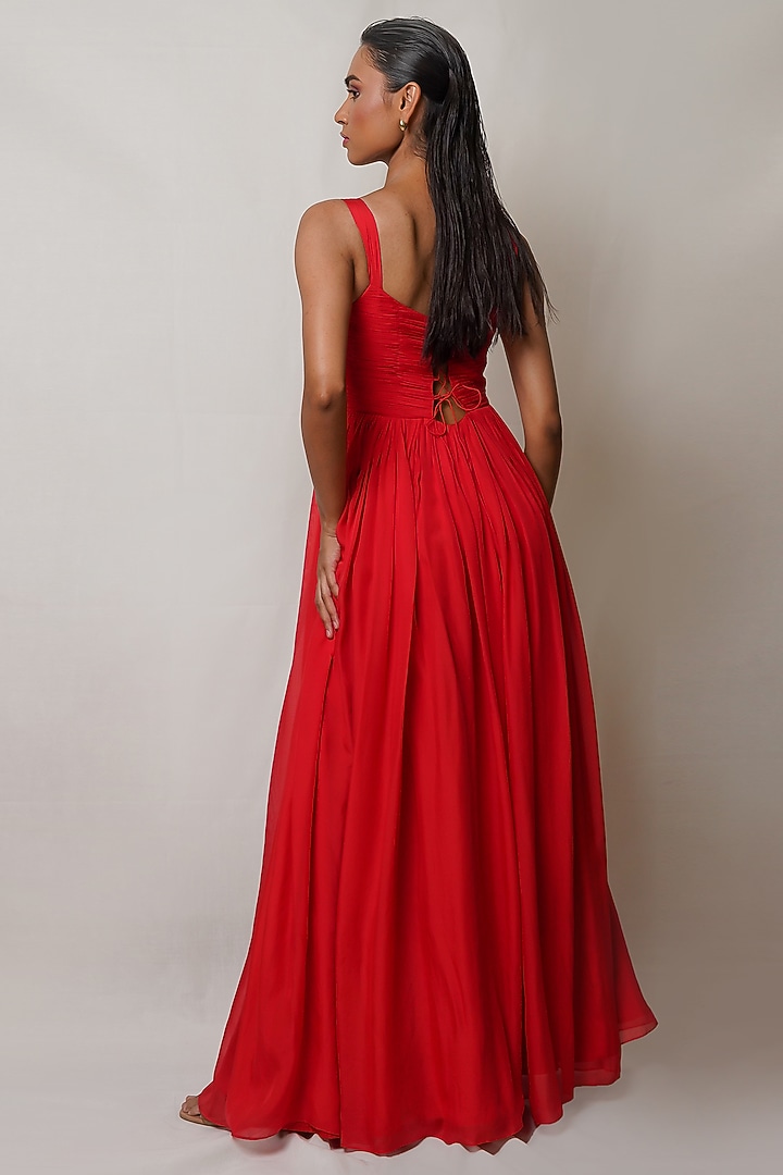 Red Flat Chiffon Pleated Party Wear Gown by PINUP BY ASTHA at Pernia's Pop Up Shop