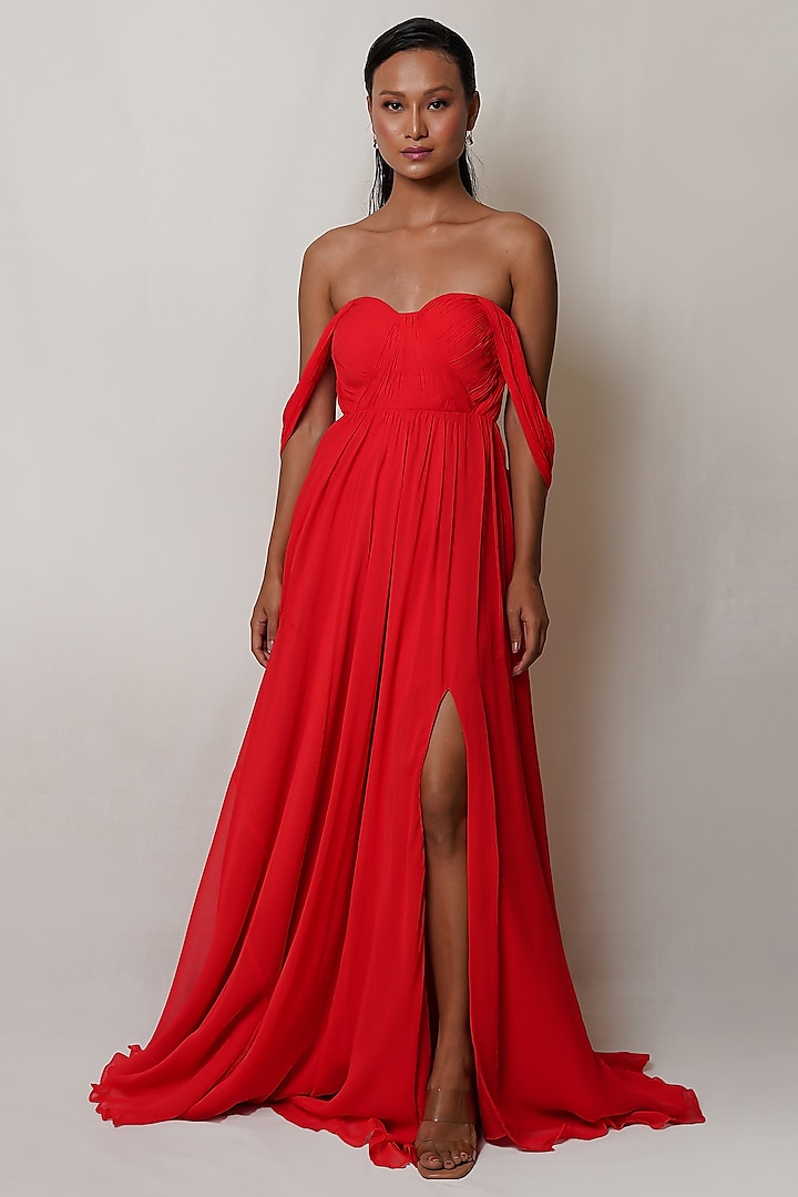Red Art Georgette Off-Shoulder Gown by PINUP BY ASTHA