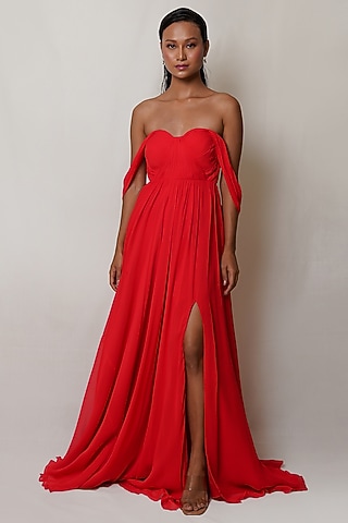 Red Art Georgette Off-Shoulder Gown by PINUP BY ASTHA