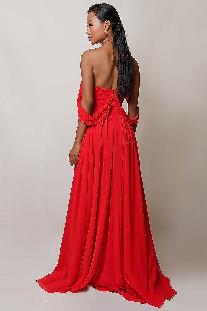 Red Art Georgette Off-Shoulder Party Wear Gown by PINUP BY ASTHA at Pernia's Pop Up Shop