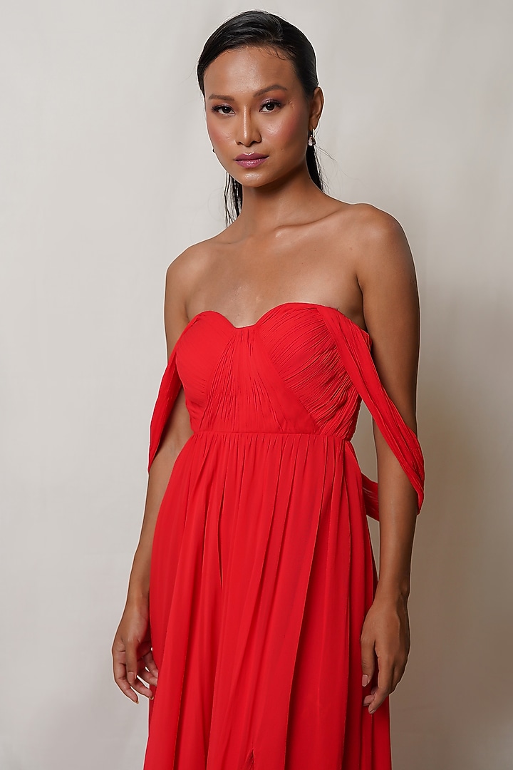 Red Art Georgette Off-Shoulder Party Wear Gown by PINUP BY ASTHA at Pernia's Pop Up Shop