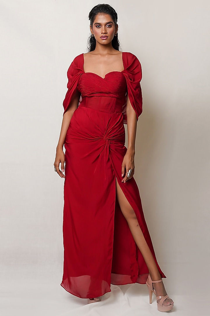 Maroon Art Flat Chiffon Draped Gown by PINUP BY ASTHA