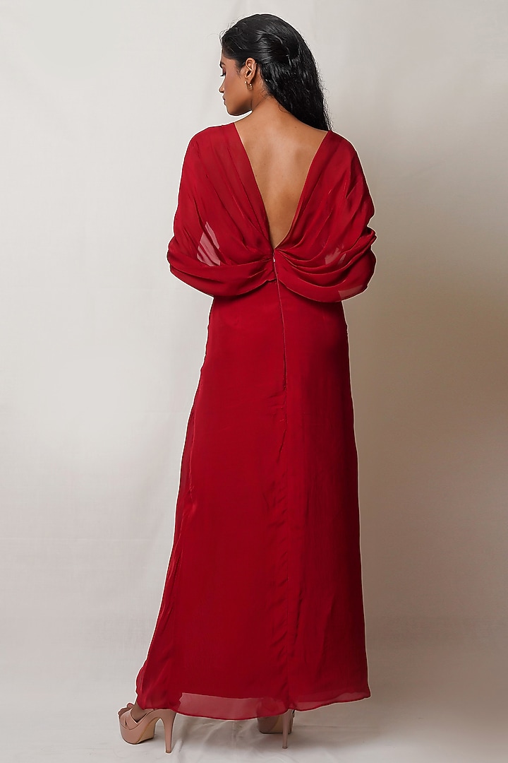 Maroon Art Flat Chiffon Draped Party Wear Gown by PINUP BY ASTHA at Pernia's Pop Up Shop