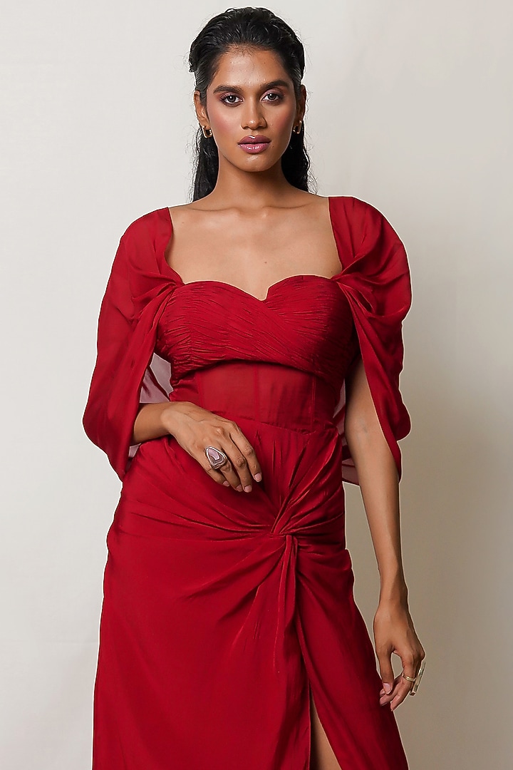 Maroon Art Flat Chiffon Draped Party Wear Gown by PINUP BY ASTHA at Pernia's Pop Up Shop