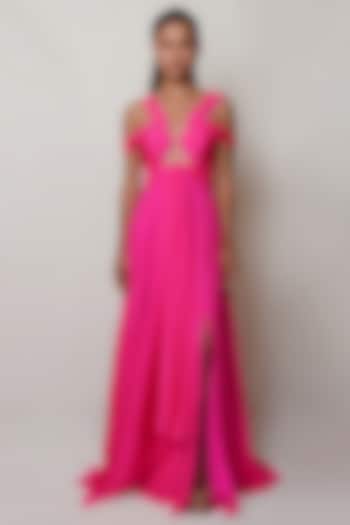 Hot Pink Pure Flat Chiffon Draped Gown by PINUP BY ASTHA