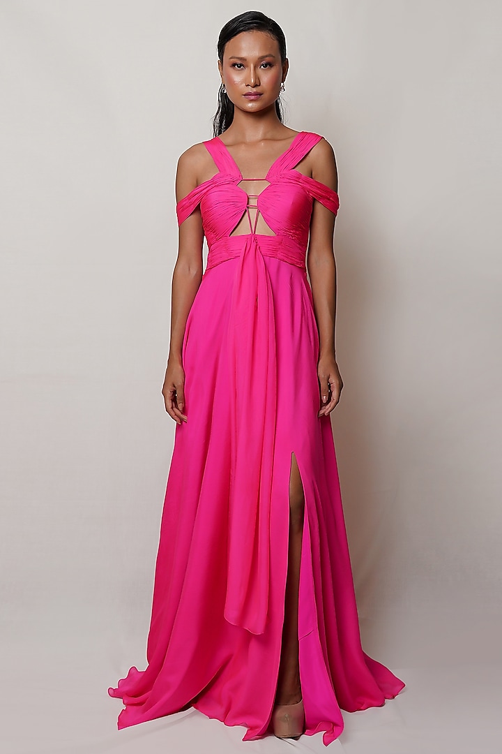 Hot Pink Pure Flat Chiffon Draped Gown by PINUP BY ASTHA