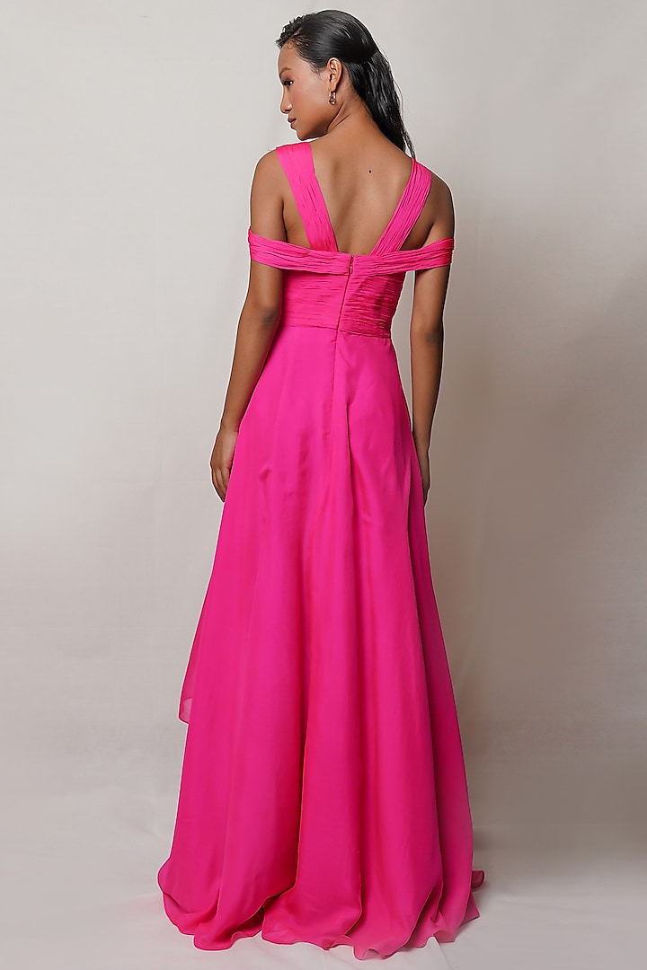 Hot Pink Pure Flat Chiffon Draped Party Wear Gown by PINUP BY ASTHA at Pernia's Pop Up Shop