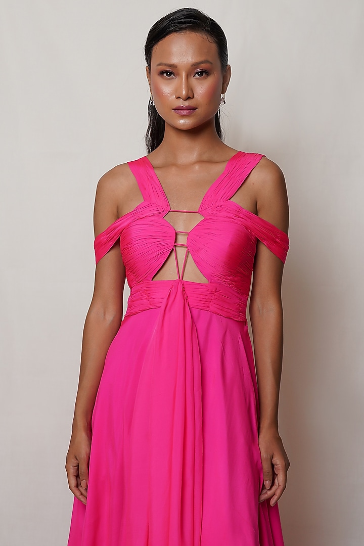 Hot Pink Pure Flat Chiffon Draped Party Wear Gown by PINUP BY ASTHA at Pernia's Pop Up Shop