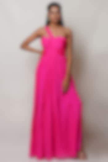 Hot Pink Pure Flat Chiffon One-Shoulder Gown by PINUP BY ASTHA