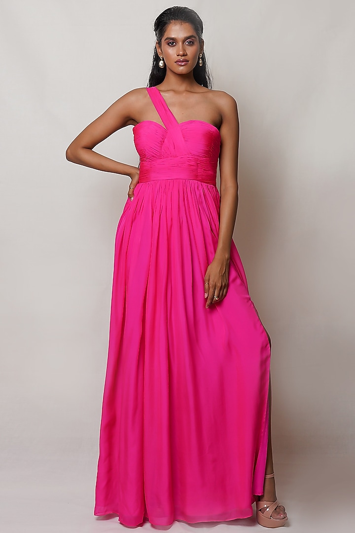 Hot Pink Pure Flat Chiffon One-Shoulder Gown by PINUP BY ASTHA