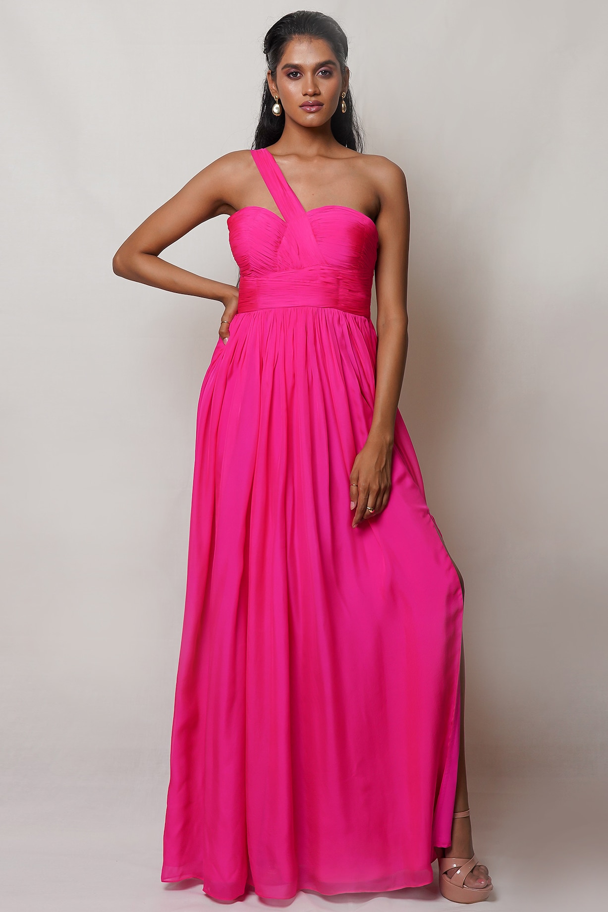 One Shoulder Chiffon Gown with Pleated Top Candy Pink Plus Size