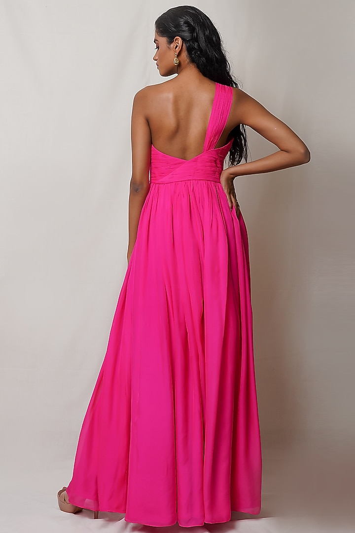 Hot Pink Pure Flat Chiffon One-Shoulder Party Wear Gown by PINUP BY ASTHA at Pernia's Pop Up Shop
