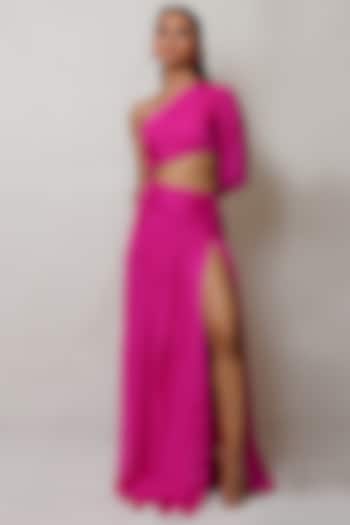 Pink Art Flat Chiffon One-Shoulder Gown by PINUP BY ASTHA
