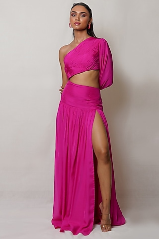 Pink Art Flat Chiffon One-Shoulder Gown by PINUP BY ASTHA