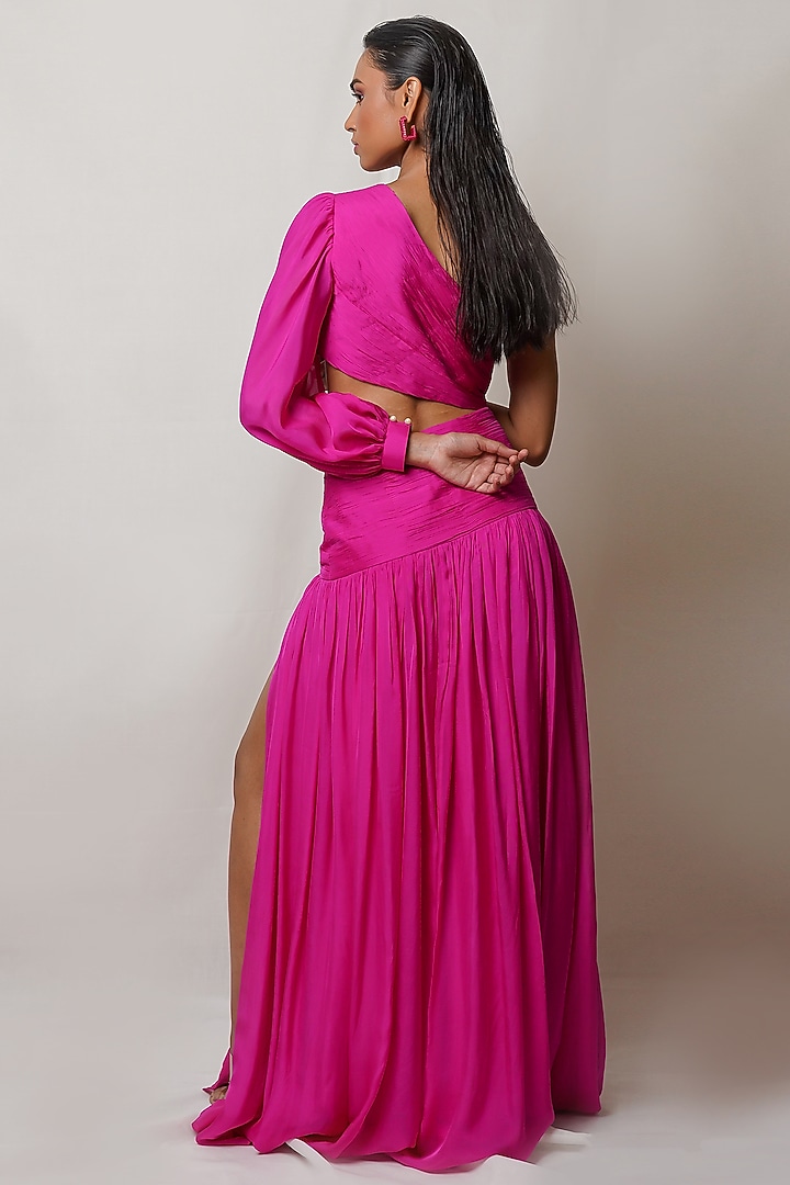 Pink Art Flat Chiffon One-Shoulder Party Wear Gown by PINUP BY ASTHA at Pernia's Pop Up Shop