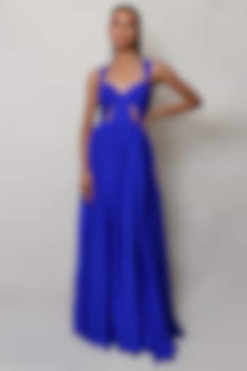 Blue Pure Flat Chiffon Pleated Gown by PINUP BY ASTHA