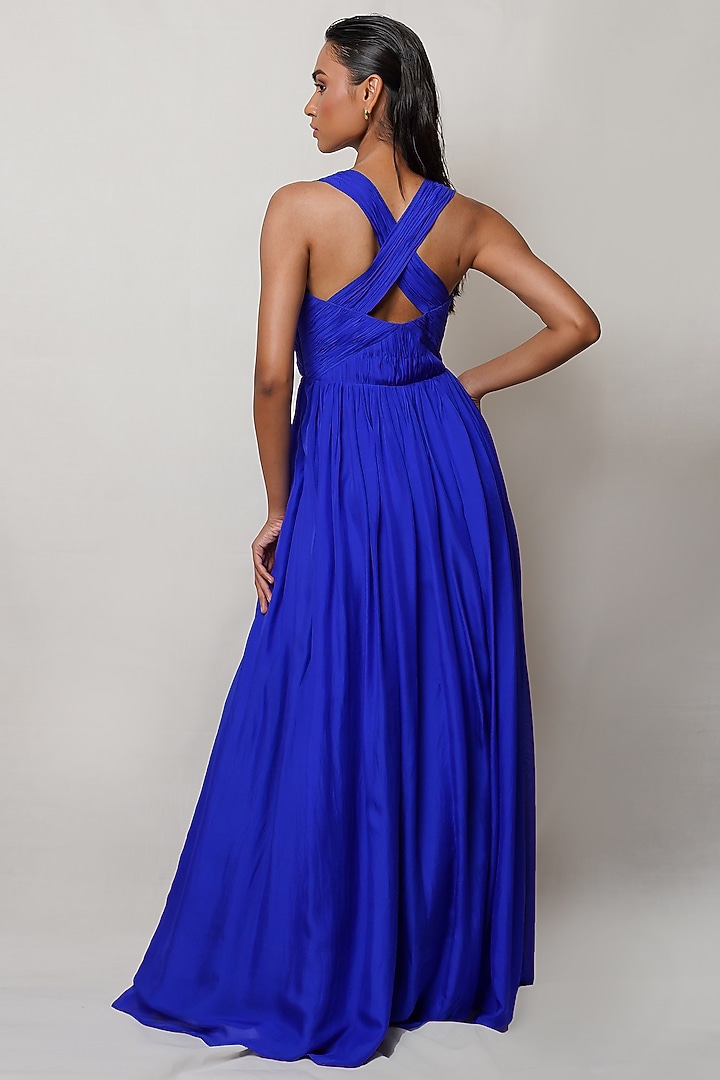 Blue Pure Flat Chiffon Pleated Party Wear Gown by PINUP BY ASTHA at Pernia's Pop Up Shop