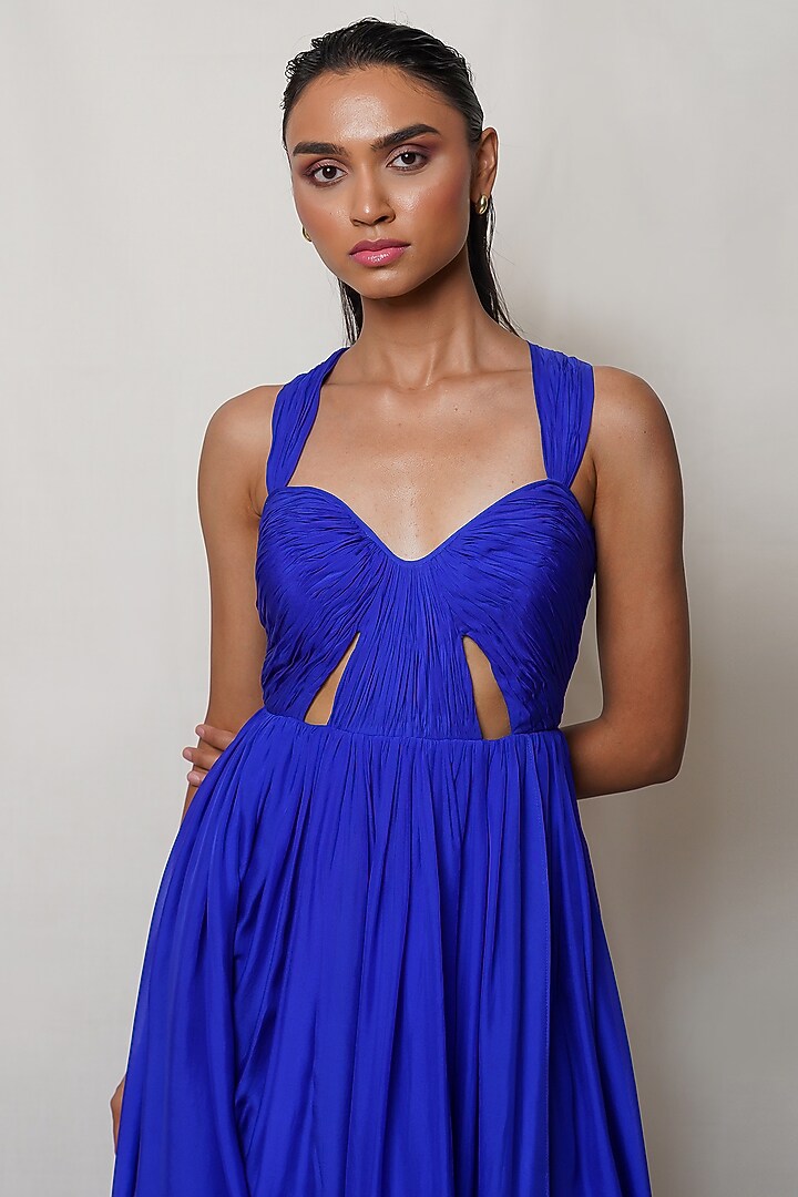 Blue Pure Flat Chiffon Pleated Party Wear Gown by PINUP BY ASTHA at Pernia's Pop Up Shop