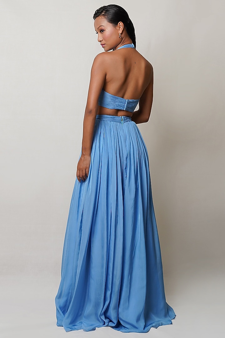 Blue Art Flat Chiffon Draped Party Wear Gown by PINUP BY ASTHA at Pernia's Pop Up Shop
