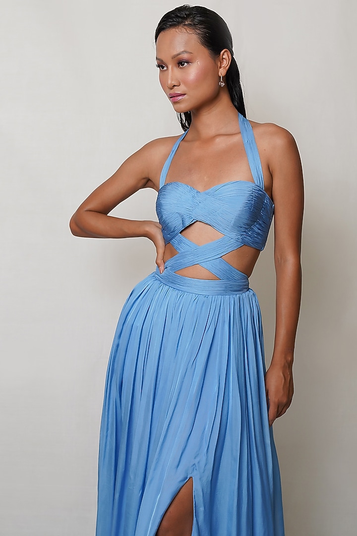Blue Art Flat Chiffon Draped Party Wear Gown by PINUP BY ASTHA at Pernia's Pop Up Shop