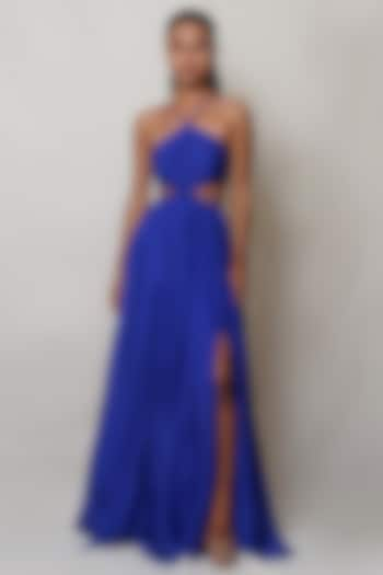 Blue Pure Flat Chiffon Pleated Gown by PINUP BY ASTHA