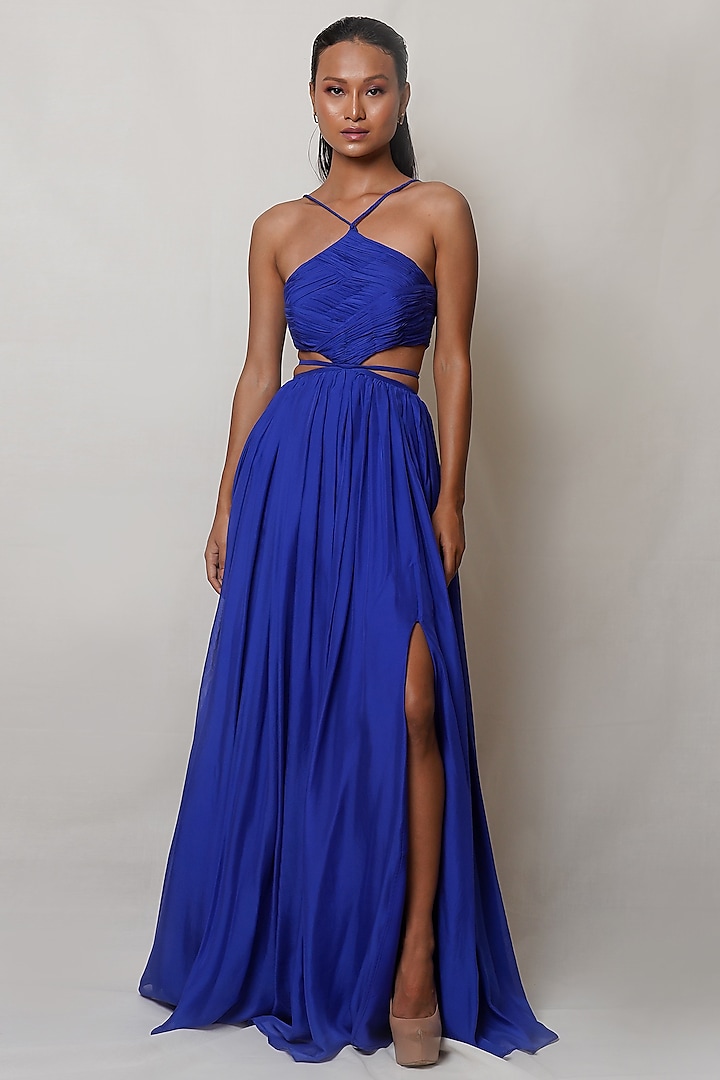 Blue Pure Flat Chiffon Pleated Gown by PINUP BY ASTHA