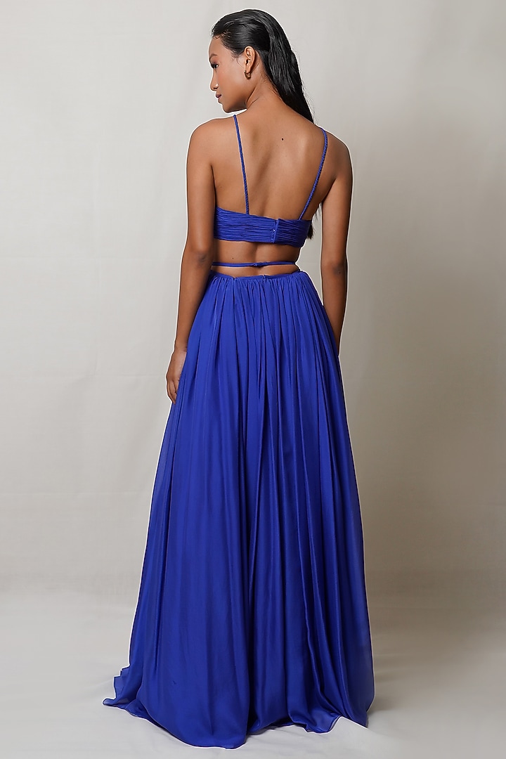 Blue Pure Flat Chiffon Pleated Party Wear Gown by PINUP BY ASTHA at Pernia's Pop Up Shop