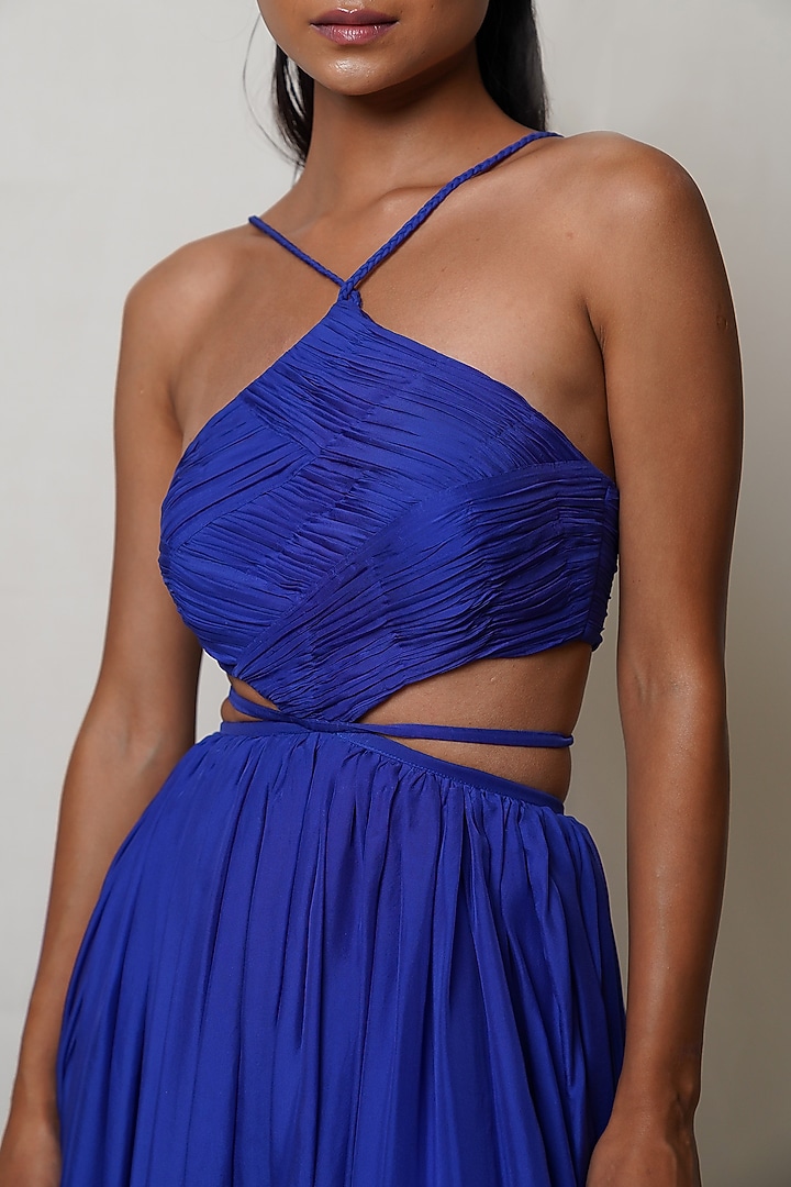 Blue Pure Flat Chiffon Pleated Party Wear Gown by PINUP BY ASTHA at Pernia's Pop Up Shop