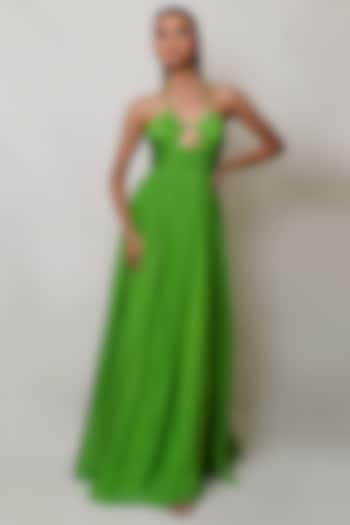 Green Pure Flat Chiffon Pleated Gown by PINUP BY ASTHA
