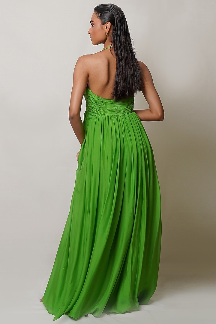 Green Pure Flat Chiffon Pleated Party Wear Gown by PINUP BY ASTHA at Pernia's Pop Up Shop