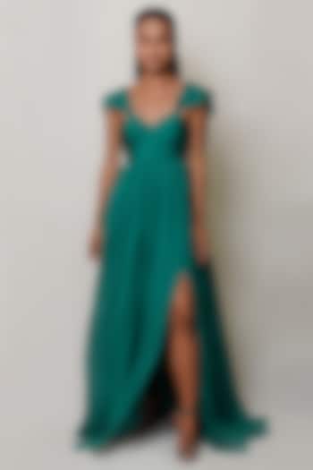 Emerald Green Art Flat Chiffon Pleated Gown by PINUP BY ASTHA