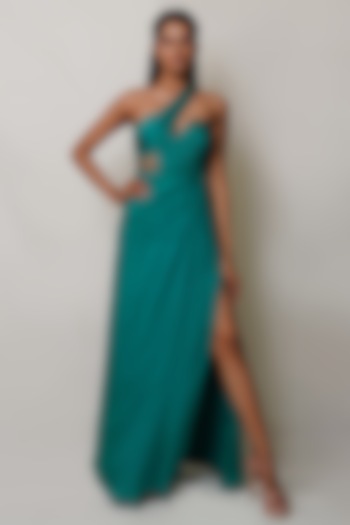 Green Art Flat Chiffon One-Shoulder Draped Gown by PINUP BY ASTHA