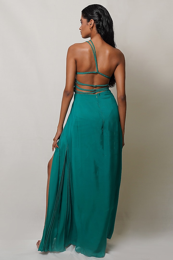 Green Art Flat Chiffon One-Shoulder Draped Party Wear Gown by PINUP BY ASTHA at Pernia's Pop Up Shop