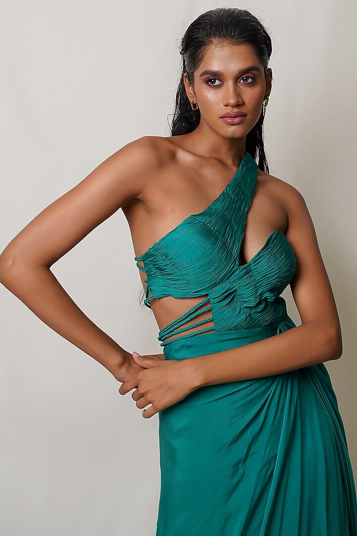 Green Art Flat Chiffon One-Shoulder Draped Party Wear Gown by PINUP BY ASTHA at Pernia's Pop Up Shop