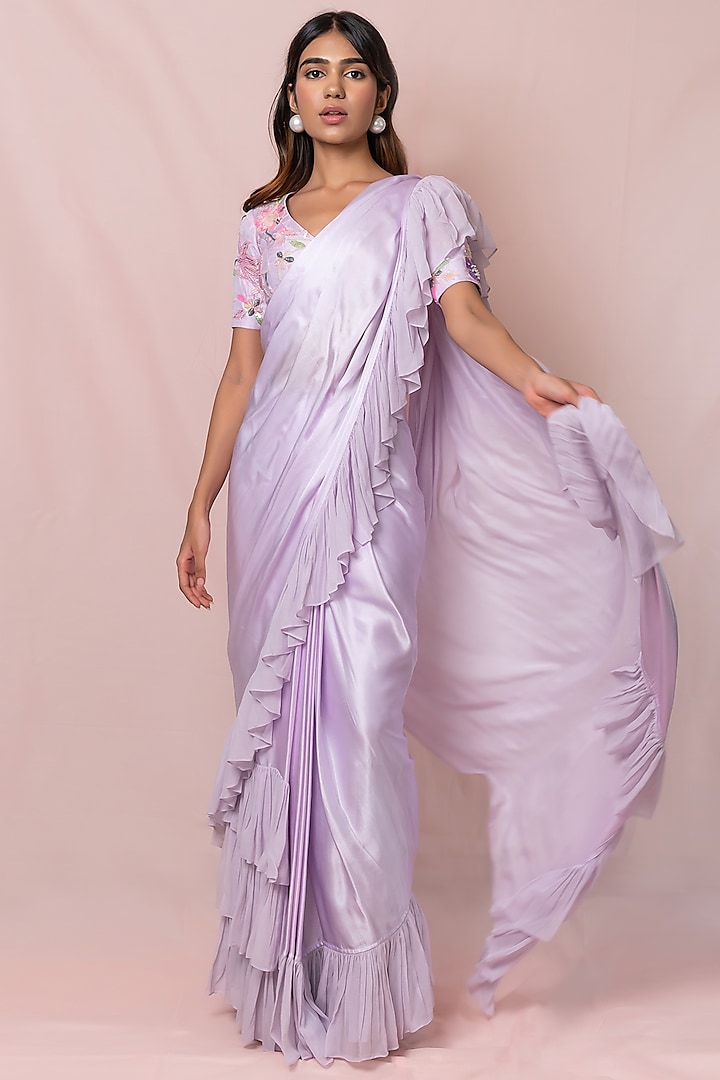 Lavender Satin Georgette Pre-Draped Frilled Saree Set by PINUP BY ASTHA