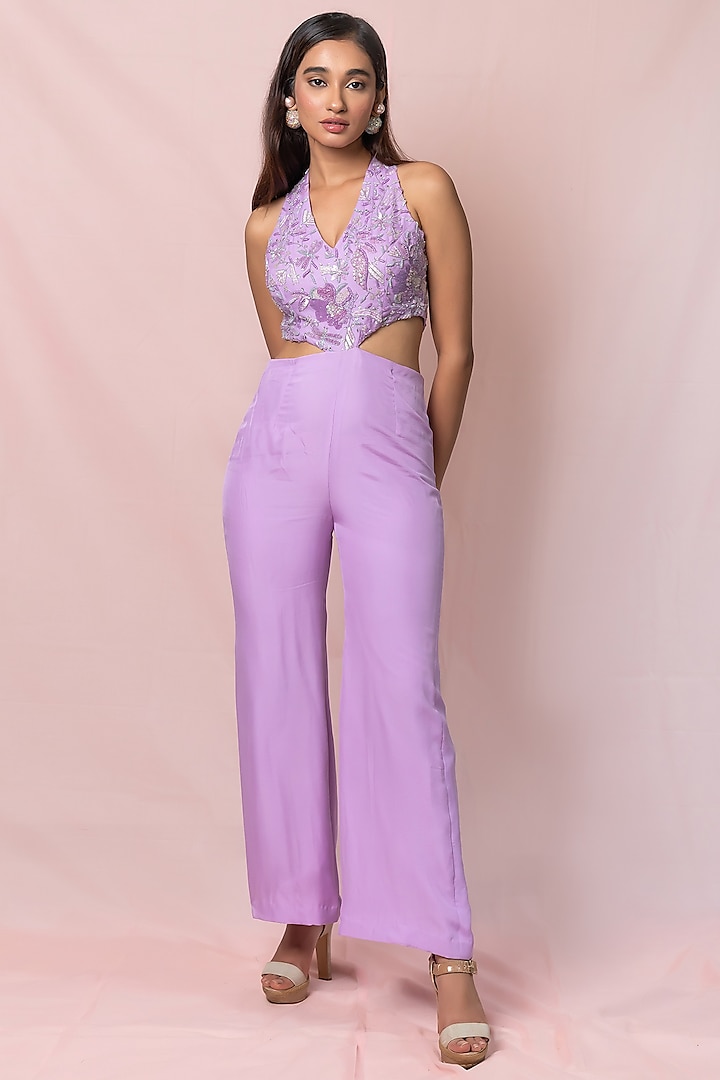 Lavender Hand Embroidered Jumpsuit by PINUP BY ASTHA