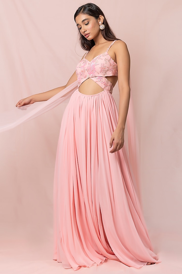 Soft Pink Hand Embroidered Gown by PINUP BY ASTHA