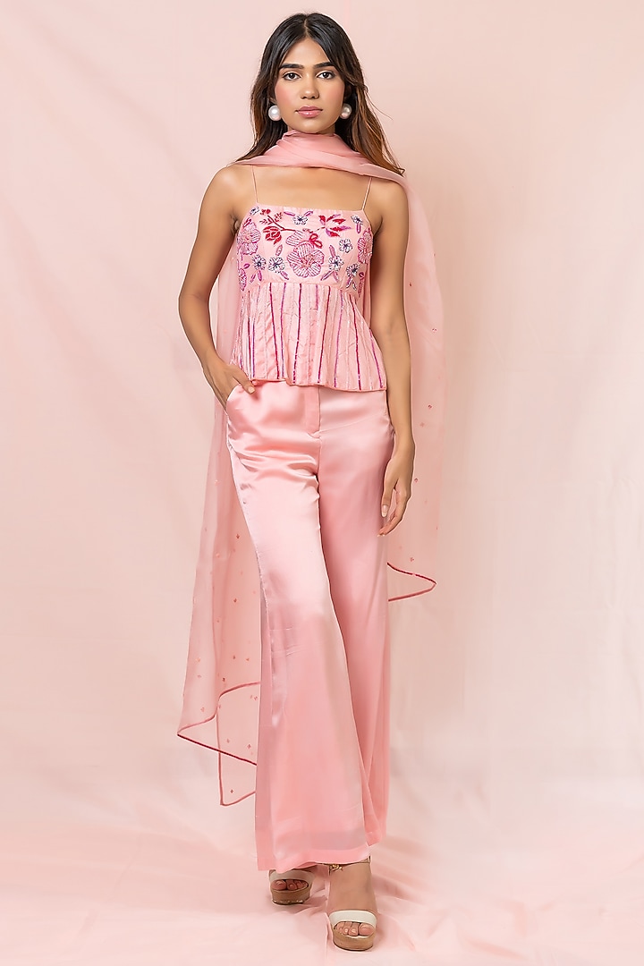 Soft Pink Satin Organza Pant Set by PINUP BY ASTHA at Pernia's Pop Up Shop