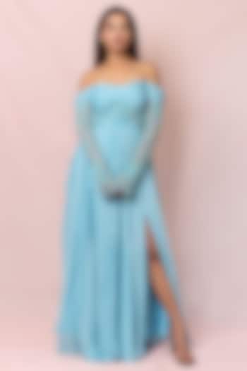 Sky Blue Hand Embroidered Off-Shoulder Engagement Gown by PINUP BY ASTHA at Pernia's Pop Up Shop
