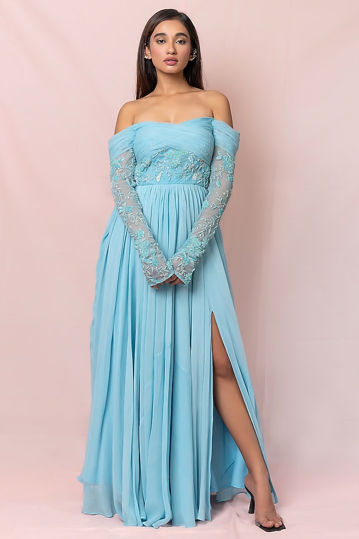 Sky Blue Hand Embroidered Off-Shoulder Engagement Gown by PINUP BY ASTHA at Pernia's Pop Up Shop
