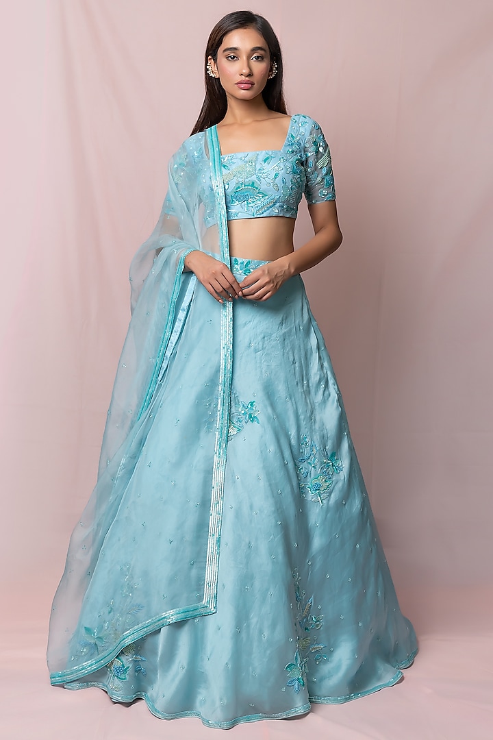Sky Blue Hand Embroidered Lehenga Set by PINUP BY ASTHA