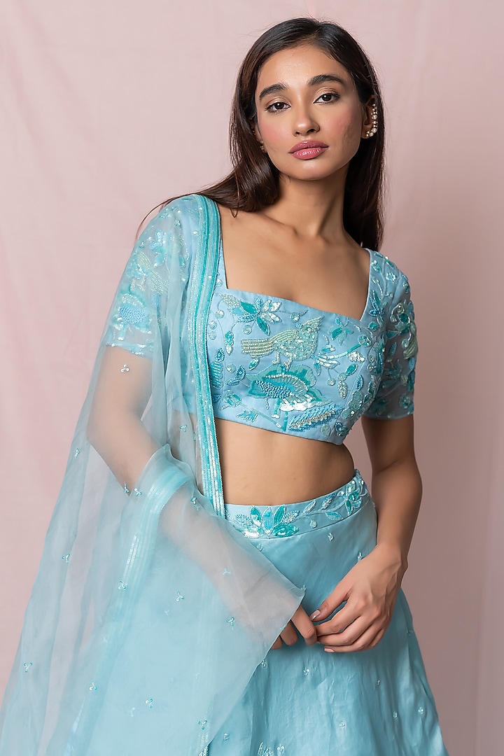 Sky Blue Hand Embroidered Wedding Lehenga Set by PINUP BY ASTHA at Pernia's Pop Up Shop