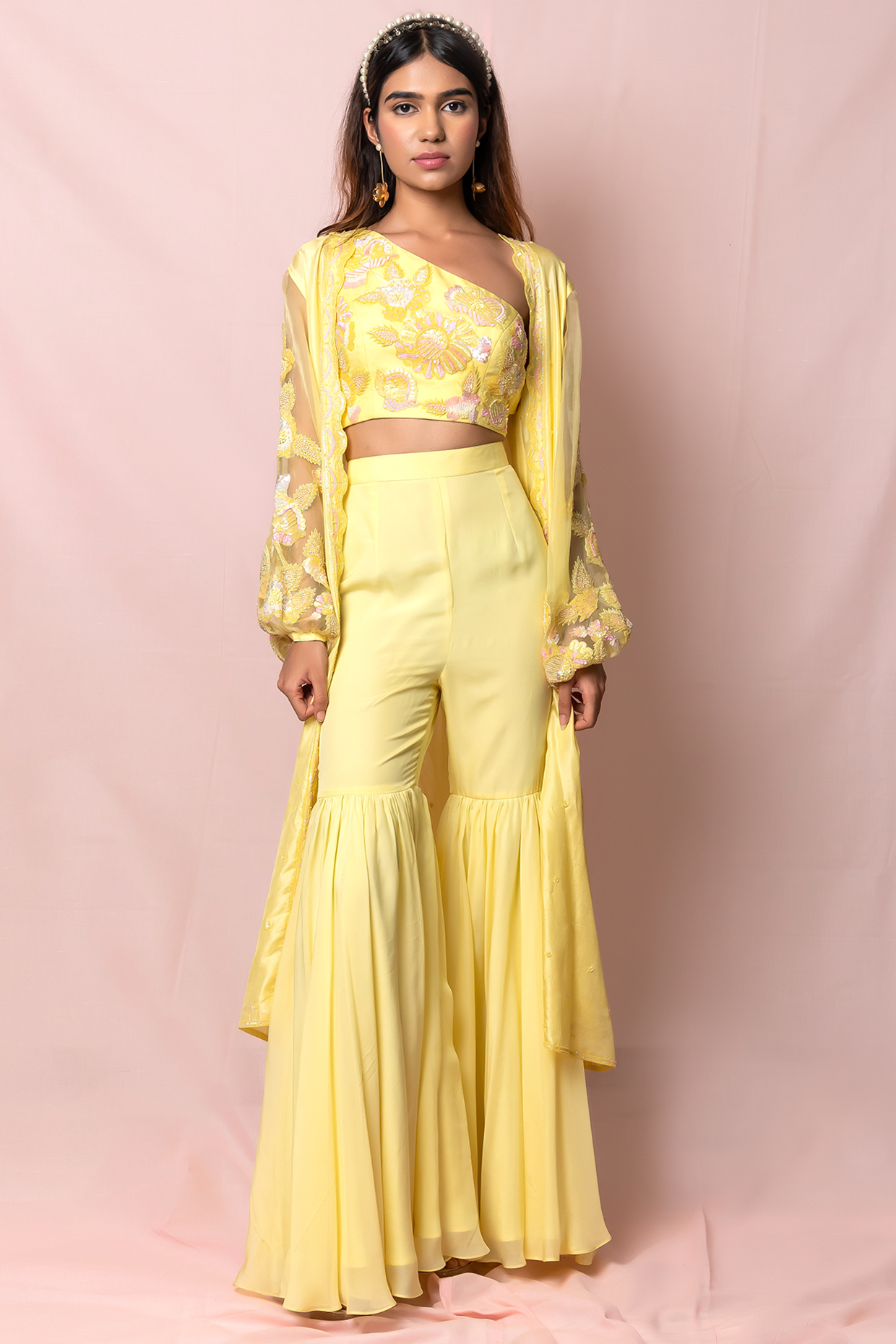 Light Yellow Hand Embroidered Jacket Set by PINUP BY ASTHA