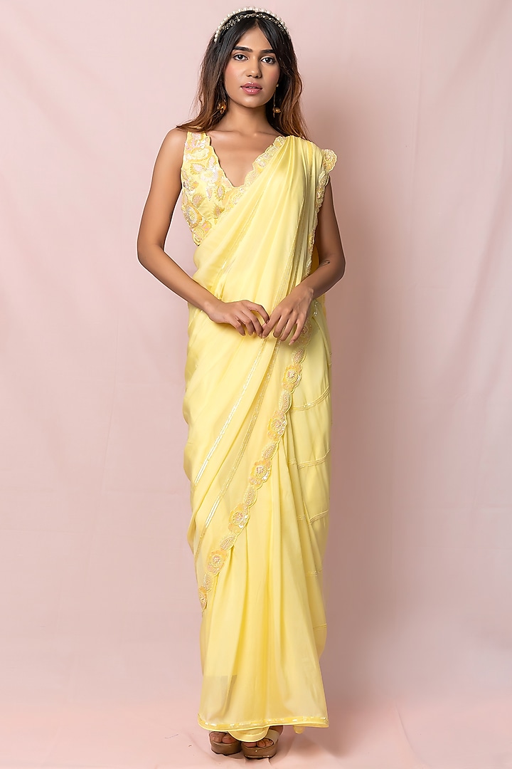 Light Yellow Hand Embroidered Saree Set by PINUP BY ASTHA