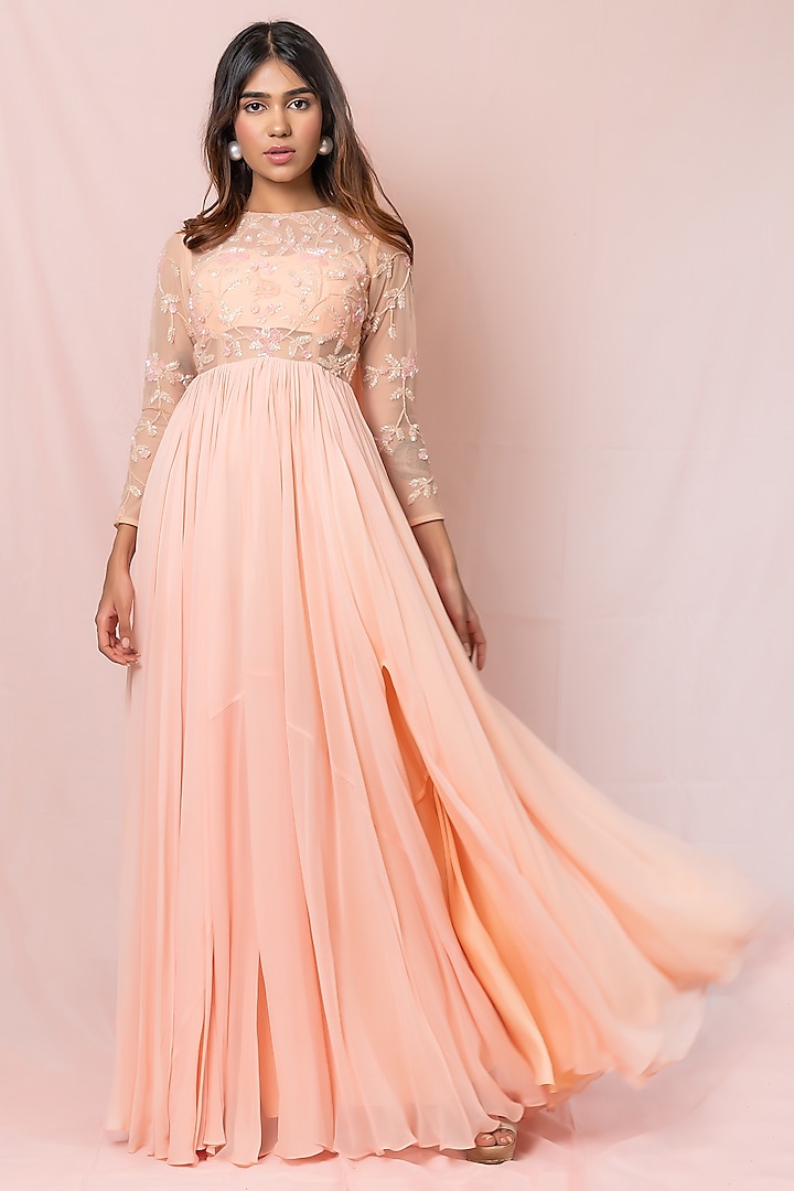 Soft Peach Hand Embroidered Gown by PINUP BY ASTHA