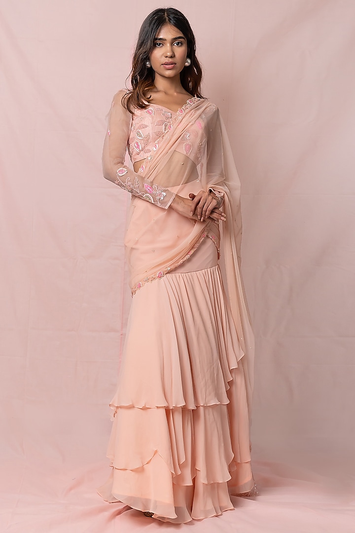 Soft Peach Hand Embroidered Pre-Draped Saree Set by PINUP BY ASTHA
